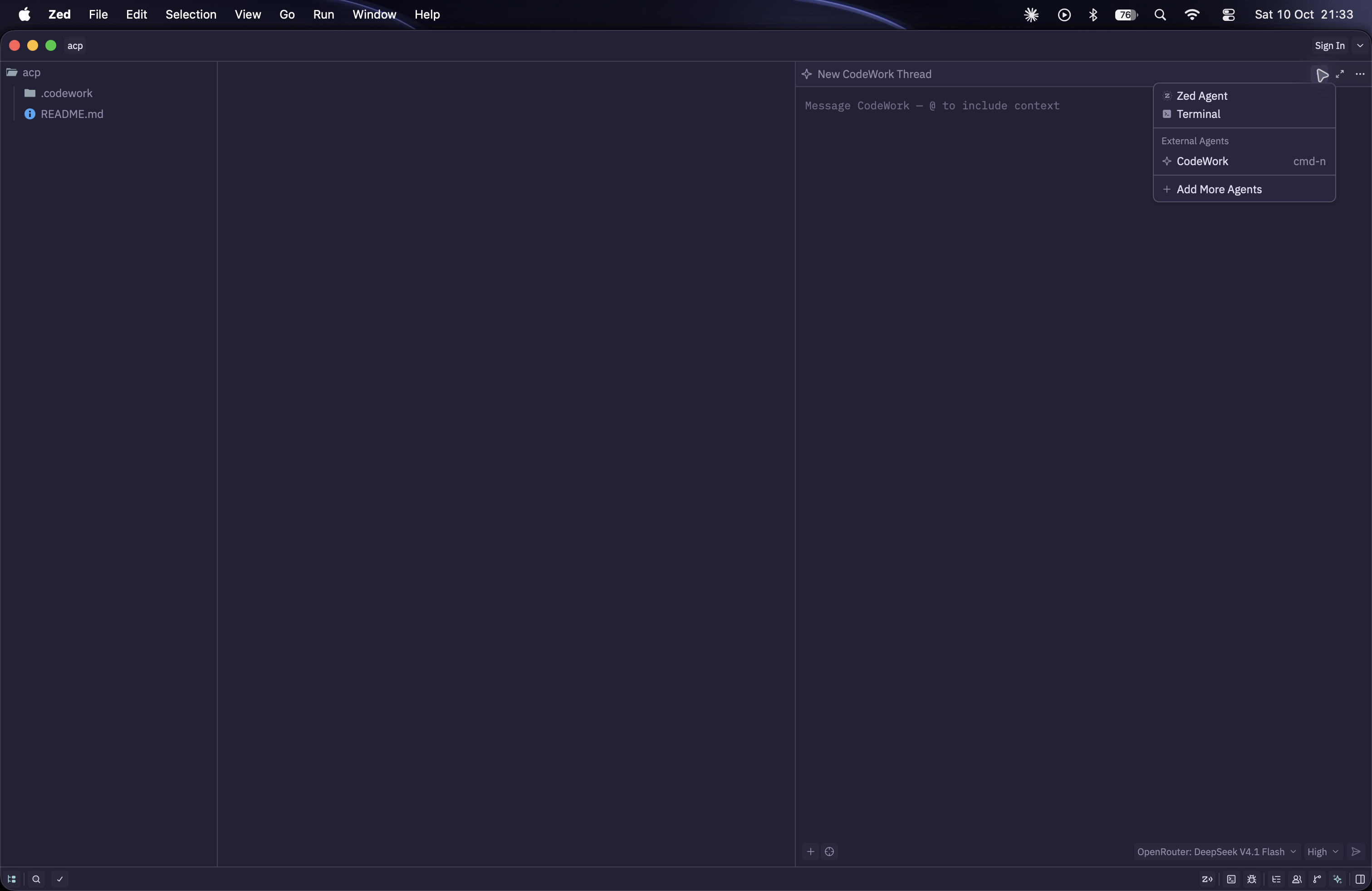 Choosing CodeWork from the new thread menu