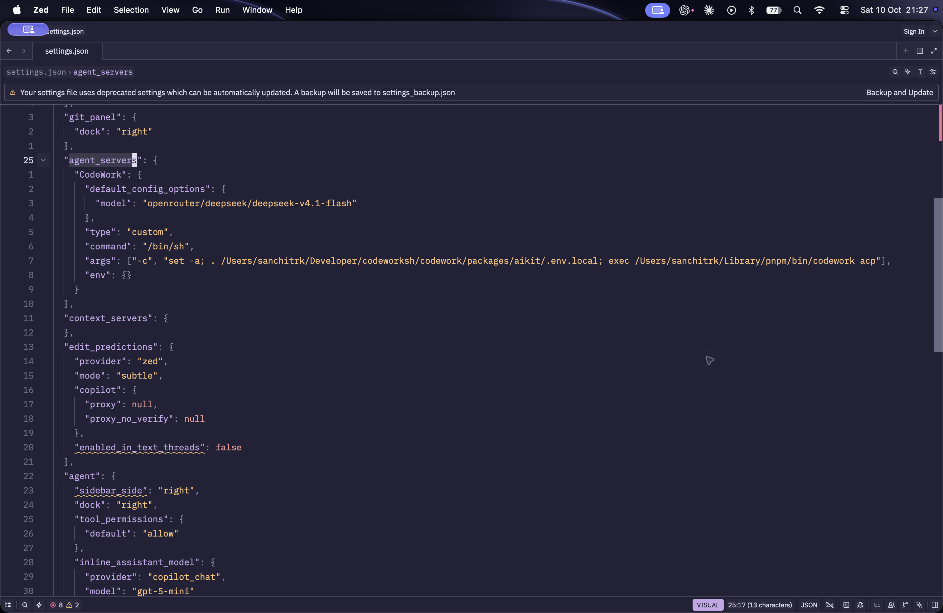 Zed settings with the CodeWork agent server