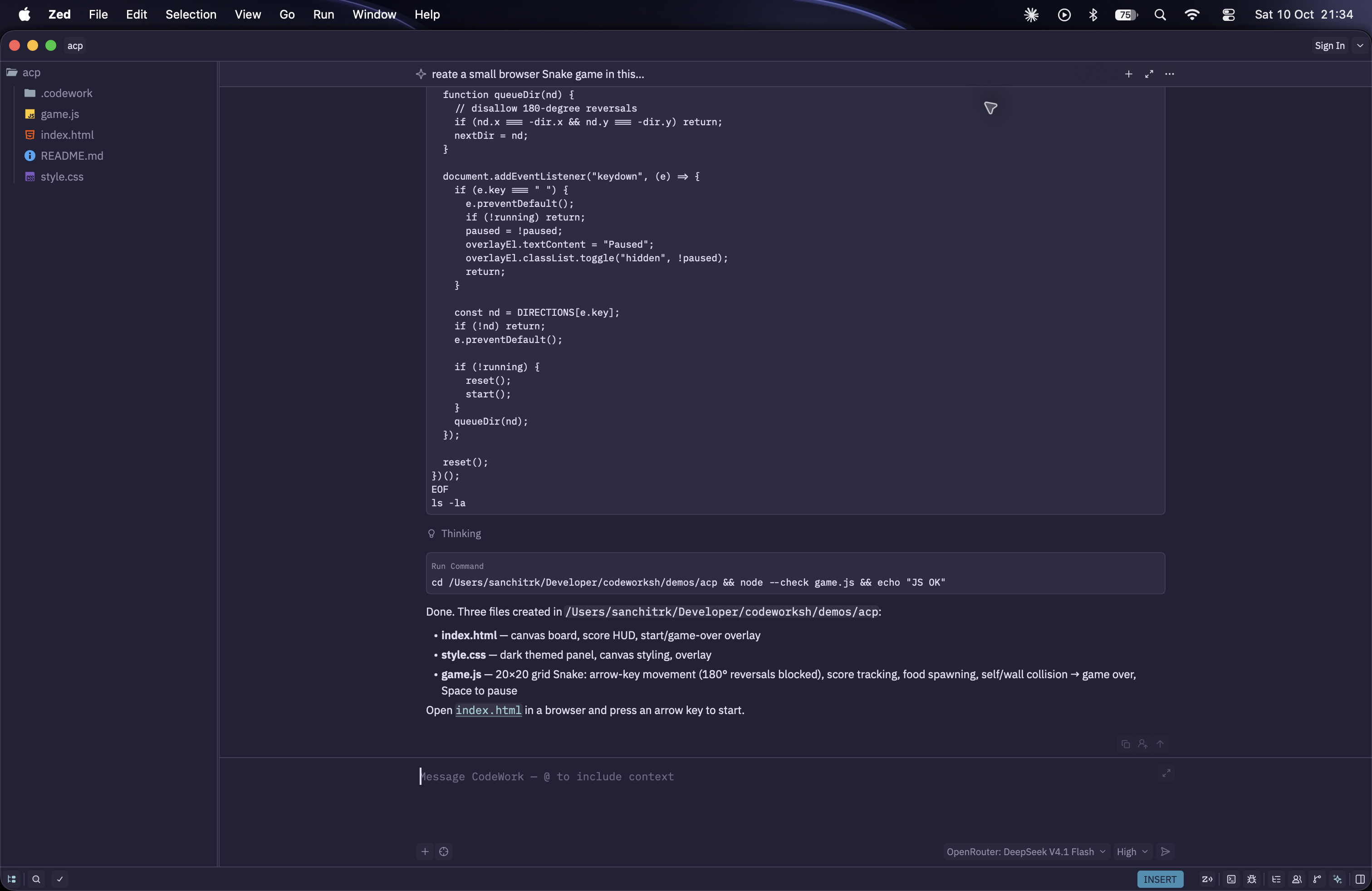 CodeWork building a Snake game in Zed's Agent Panel